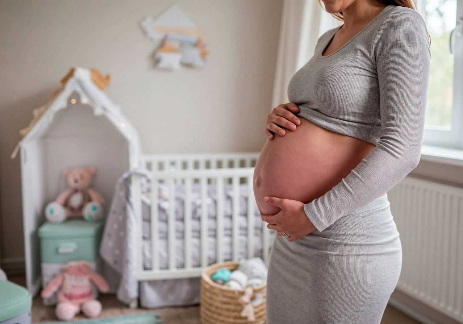 Mulher grávida segurando a barriga em um quartinho de bebê representando mulheres que estão tentando engravidar.
