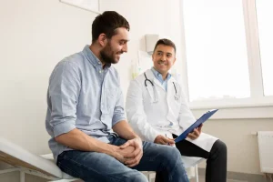 Médico de fertilidade masculina sorridente com prancheta, conversando com paciente em consultório, reforçando a importância de um especialista.