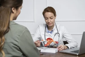 Consulta médica onde uma ginecologista explica a reserva ovariana e a fertilidade à paciente, apontando para um modelo anatômico do útero e ovários.