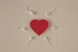 Coração vermelho centralizado em um fundo bege, cercado por seis espermatozoides brancos, simbolizando a fertilização e o início da vida, relevante para entender a FIV com óvulos doados.