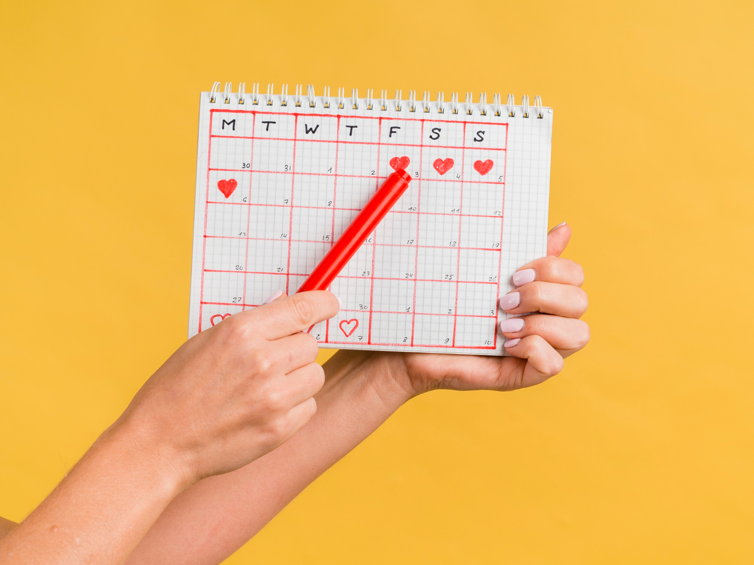 Lápis apontando para um calendário com a intenção de mostrar se é possível engravidar fora do período fértil.