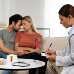 Casal abraçado em um consultório ao lado de uma médica explicando as causas da infertilidade secundária.