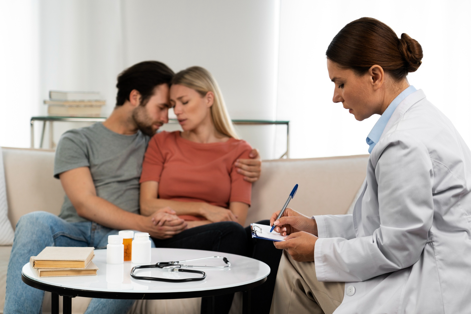 Casal abraçado em um consultório ao lado de uma médica explicando as causas da infertilidade secundária.