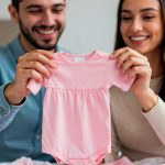 Casal que está planejando a gravidez segurando a roupinha de um bebê.