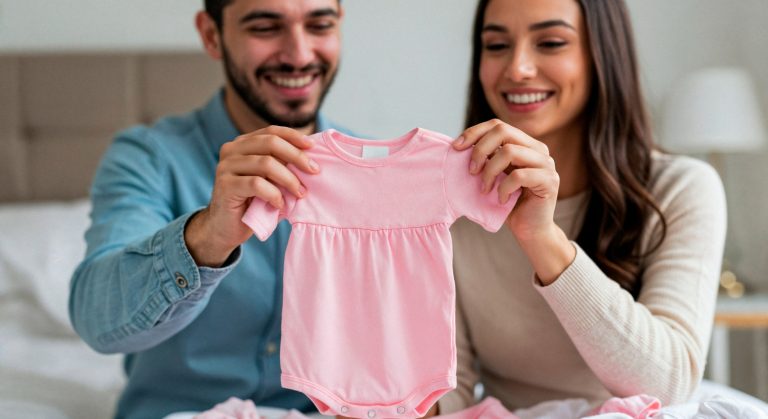 Casal que está planejando a gravidez segurando a roupinha de um bebê.