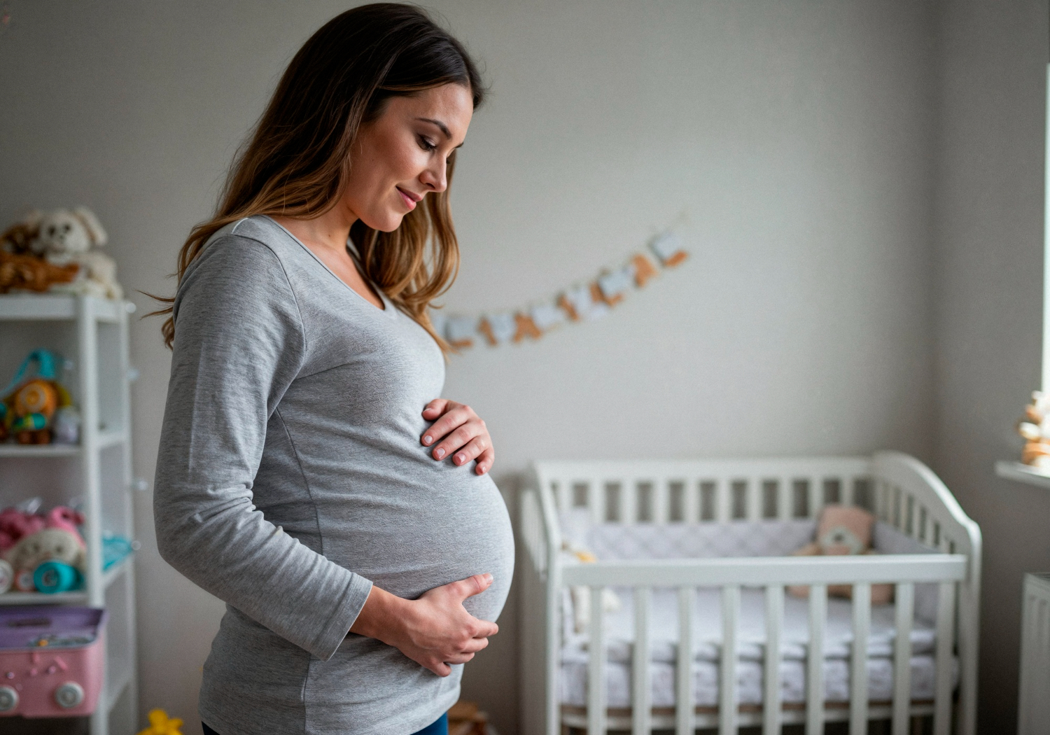 Mulher que optou por produção independente grávida segurando e olhando para a barriga.